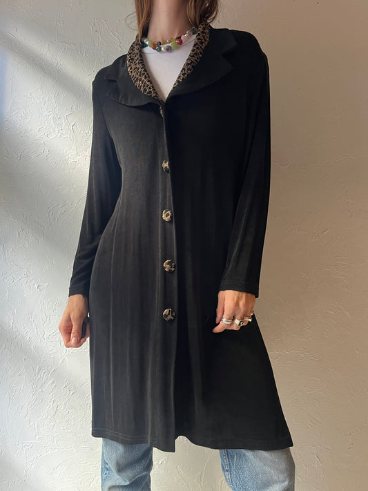 90s ‘Artex Collection’ Black Leopard Collar Duster Animal Print Long Jacket / Medium