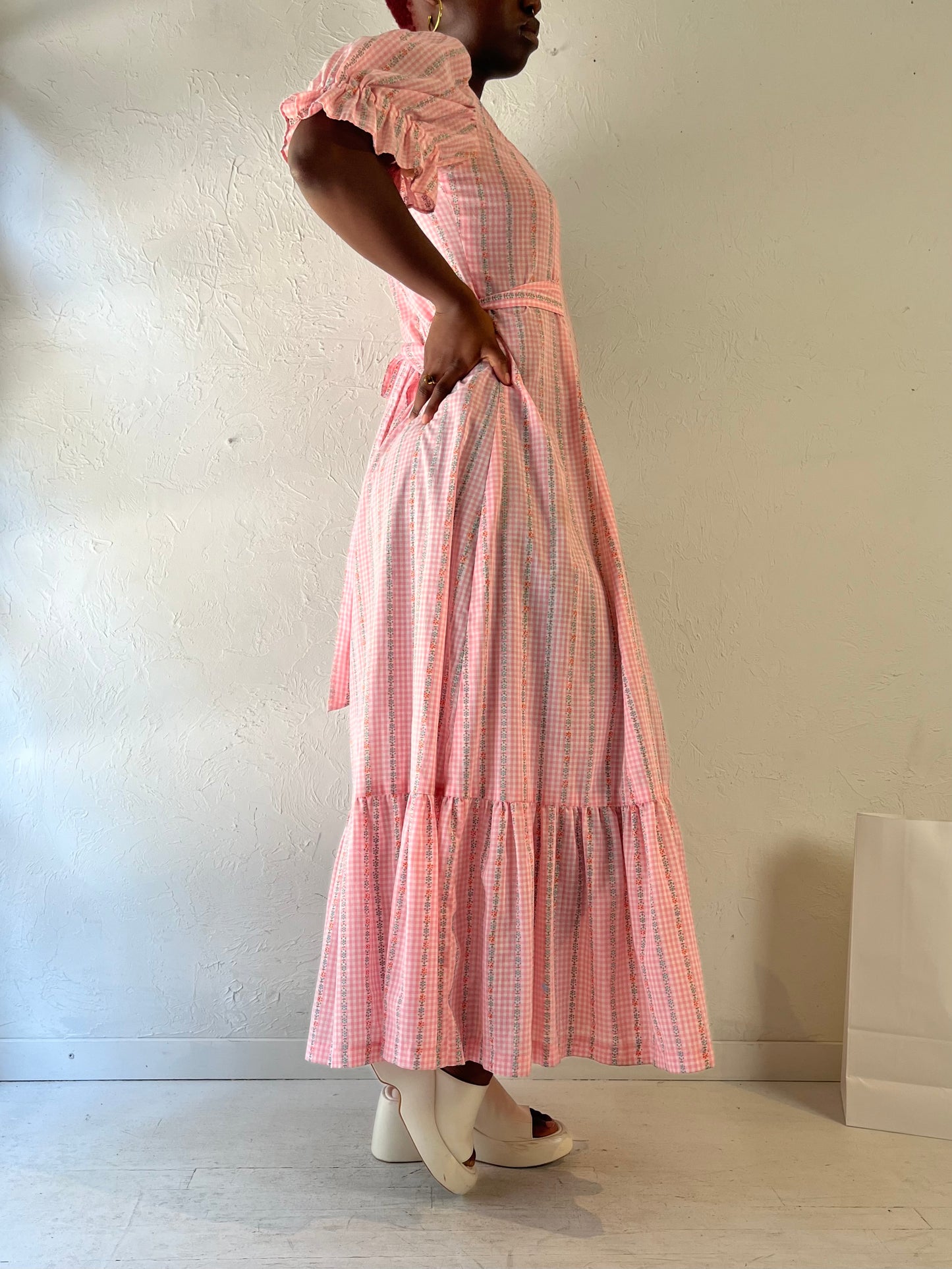 Vintage Pink Gingham Peasant Dress / Medium