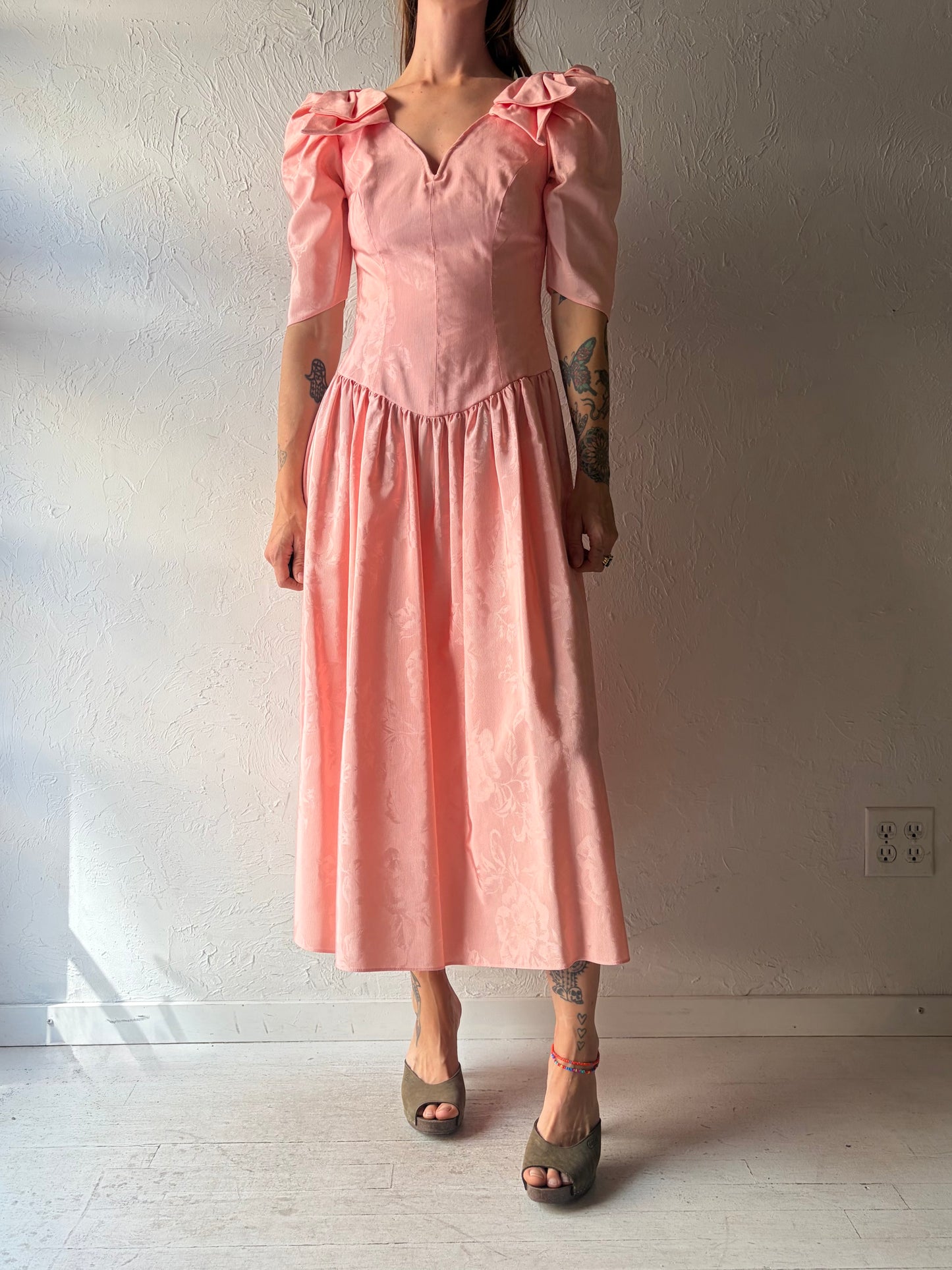 70s 'Alfred Angelo' Pink Formal Midi Dress / Small