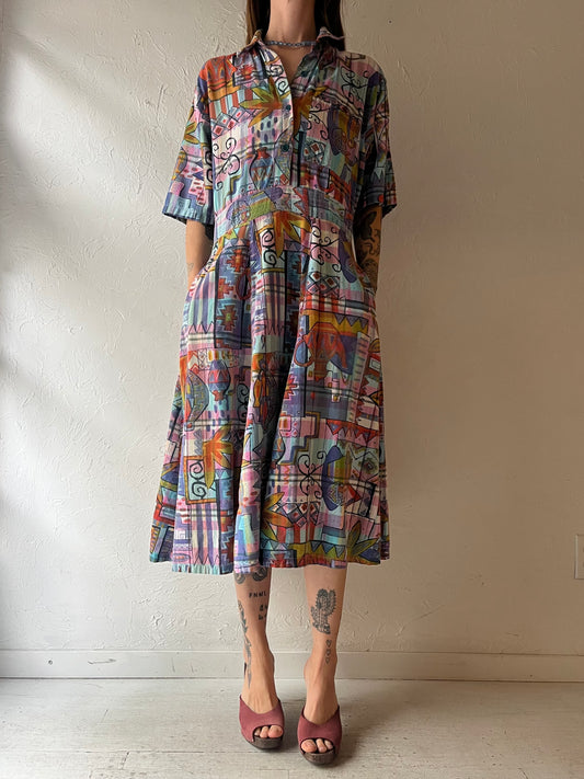 80s 'Badge' Retro Patterned Dress / Medium
