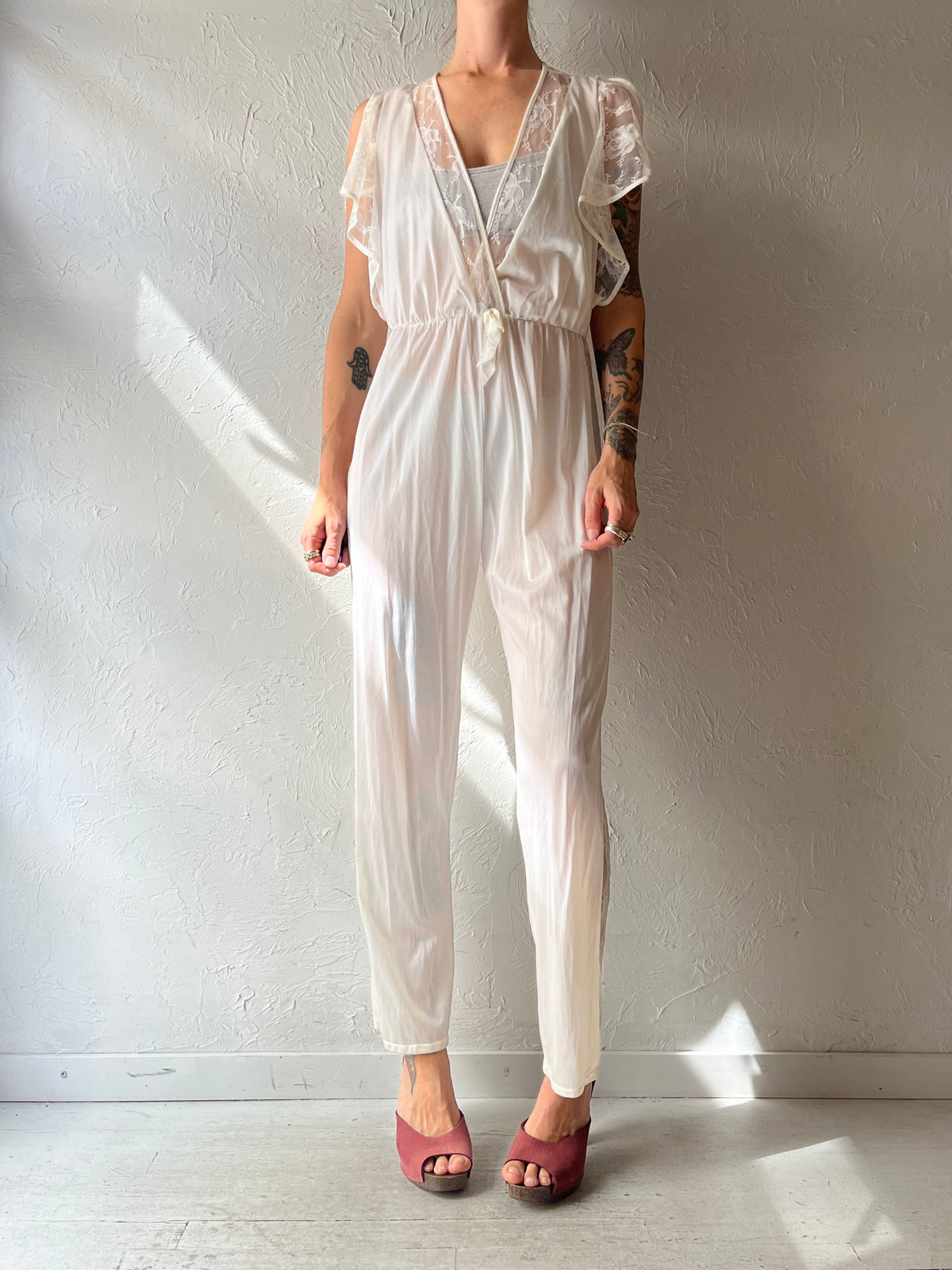 80s 'Belimage' White Nylon Lingerie Jumpsuit / Small