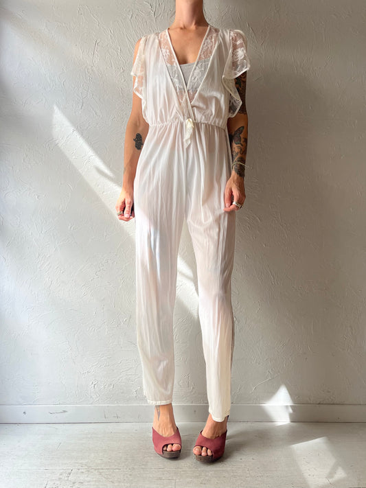 80s 'Belimage' White Nylon Lingerie Jumpsuit / Small