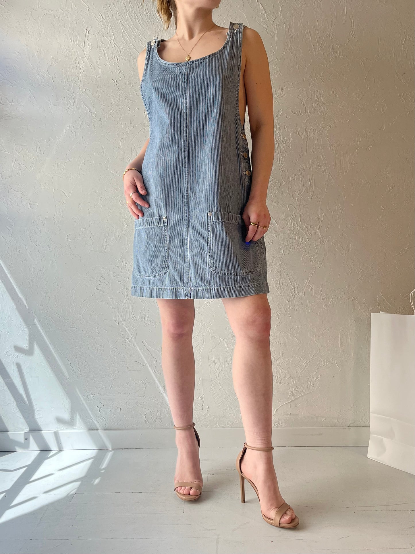 90s 'NY Jeans' Pinstripe Denim Mini Dress / Small