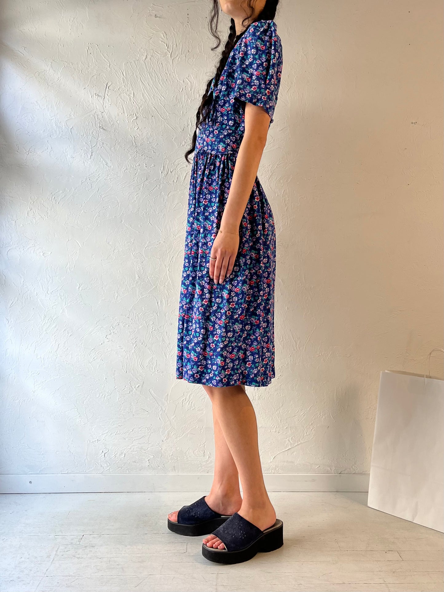 90s ‘Karin Stevens’ Blue Floral Midi Dress / Medium