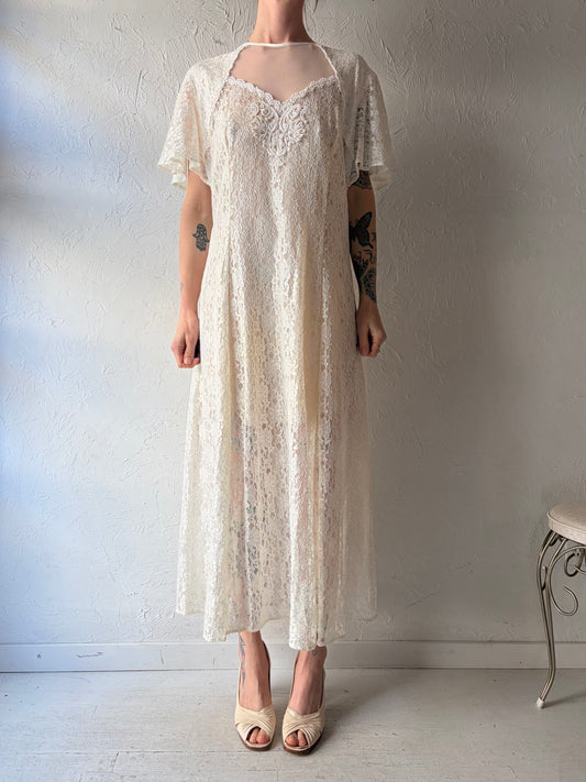 90s 'Dawn Joy' White Lace Dress / Large