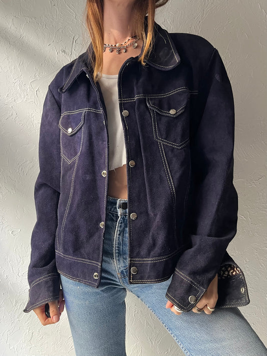 70s Vintage Navy Blue Suede Leather Trucker Jacket / Western Cowboy Contrast Stitch Utility Workwear Coat / Large