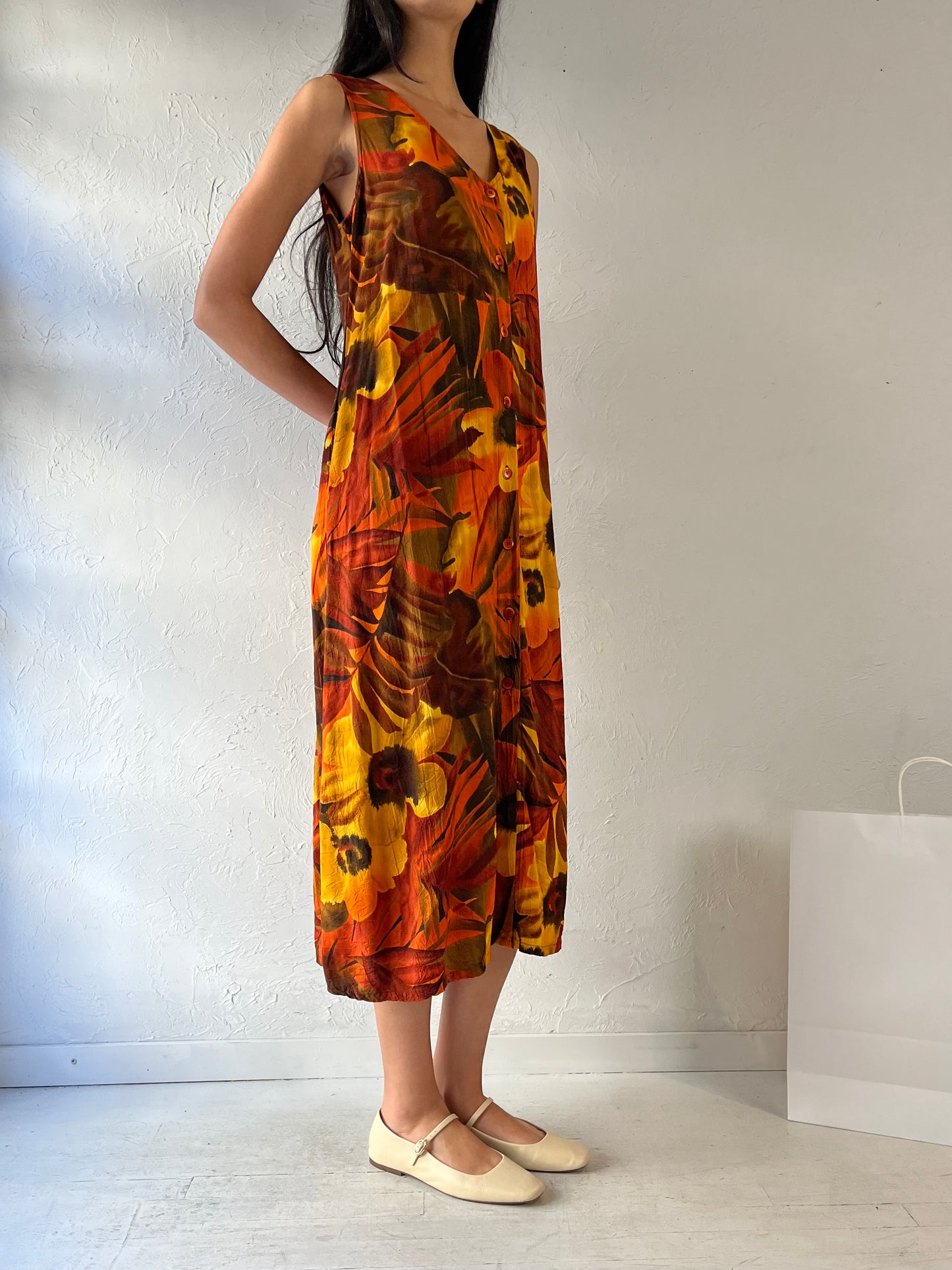 90s ‘Jams World’ Orange Floral Print Rayon Dress / Large