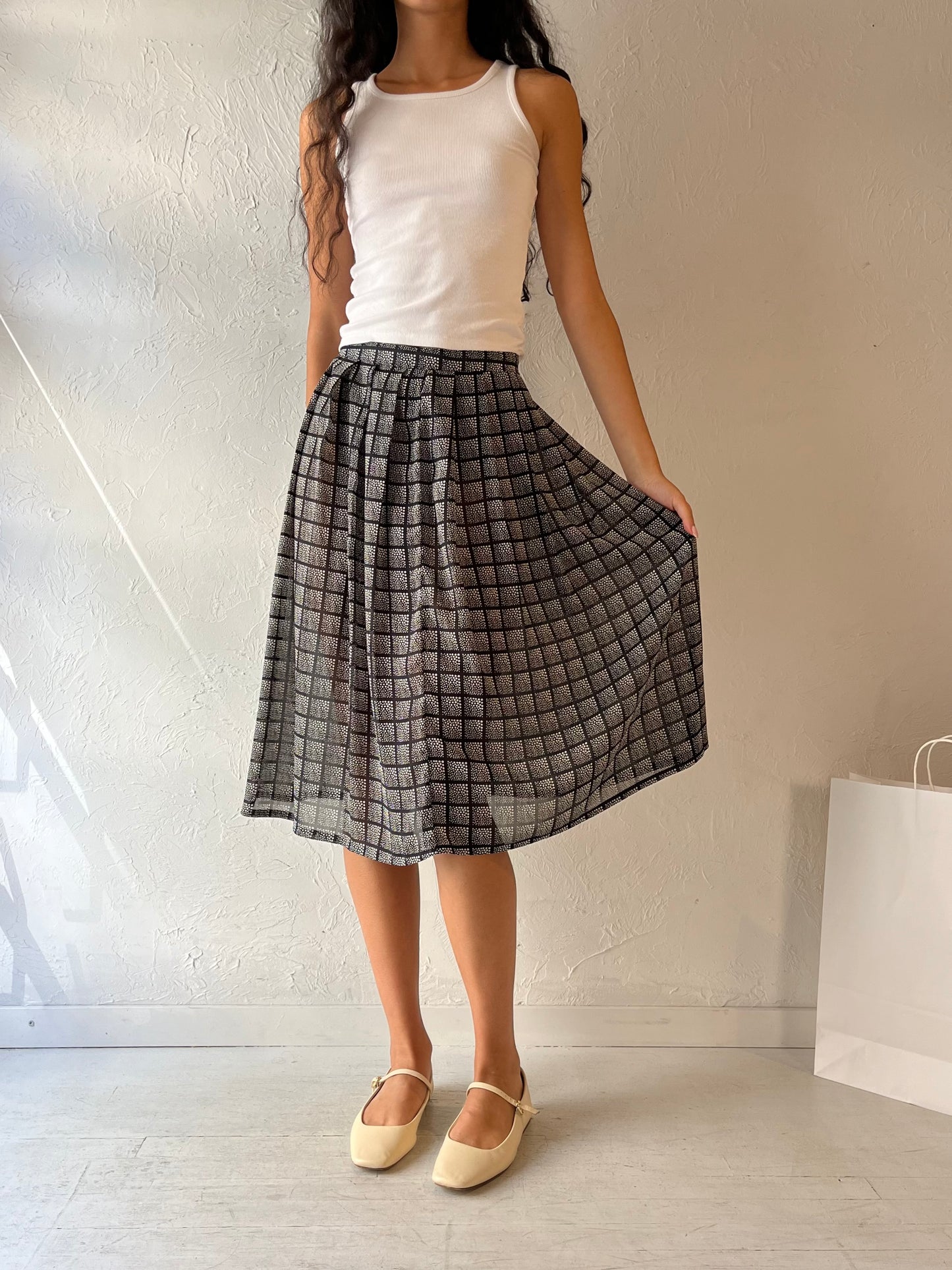 90s 'SM' Light Weight Pleated Check Midi Skirt / Small