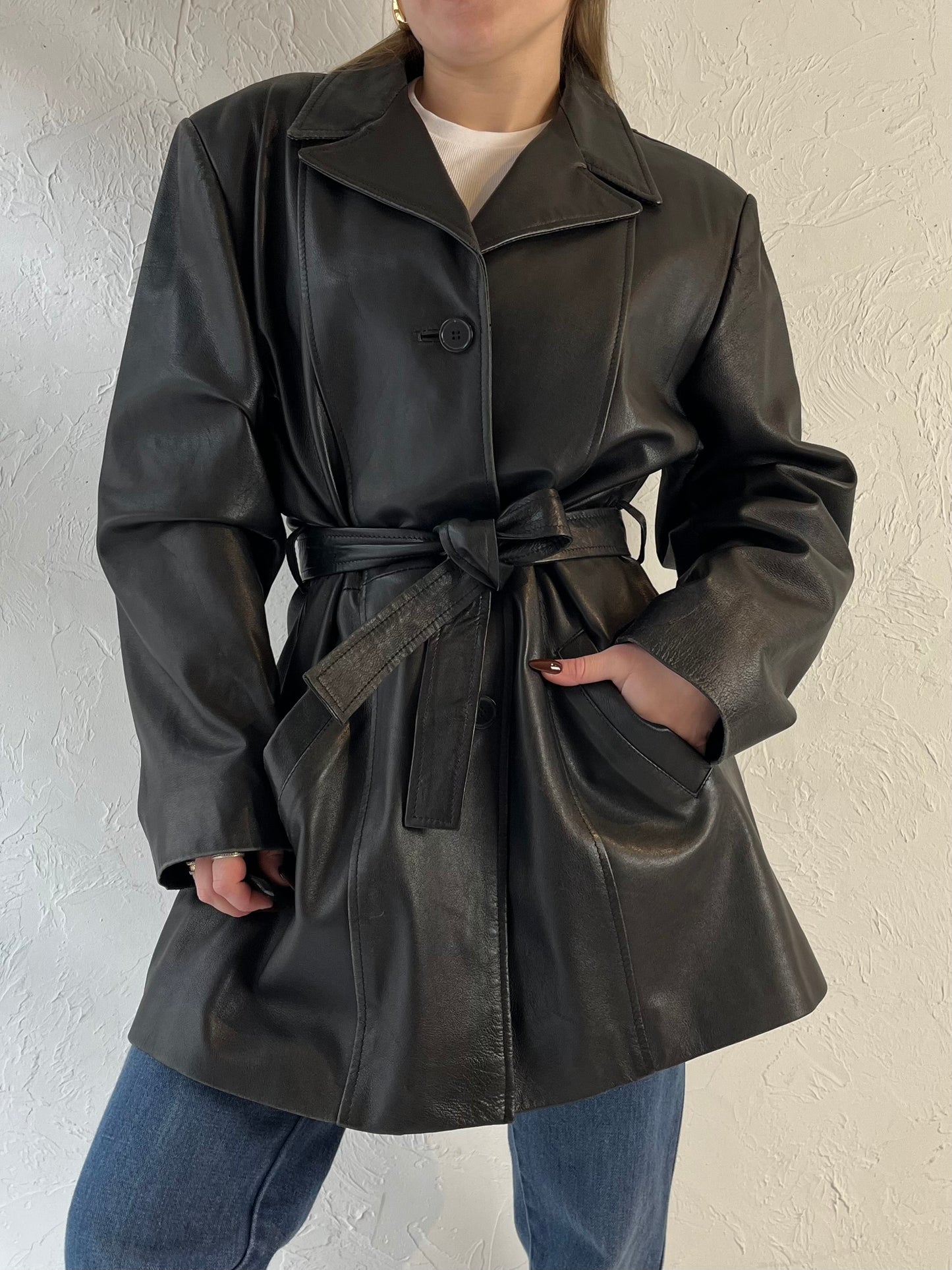 90s Black Leather Jacket / Large