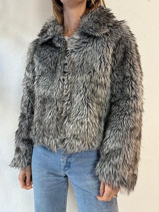 90s 'Le Chateau' Gray Faux Fur Jacket / Small