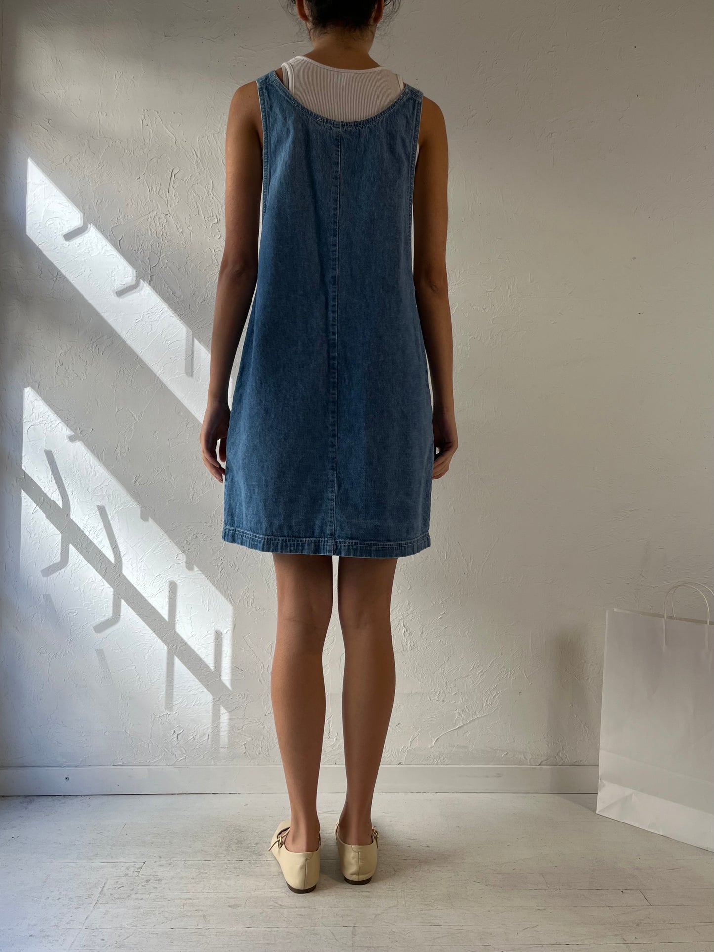 90s ‘Faded Glory’ Denim Mini Overall Dress / Medium