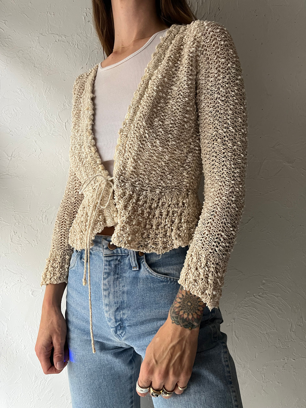 70s 'Pallas' Long Sleeve Linen Cardigan Sweater / Small