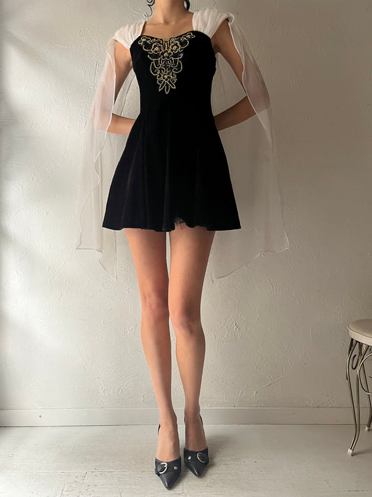 80s 'Dollar' Black Velvet Formal Mini Dress / Small