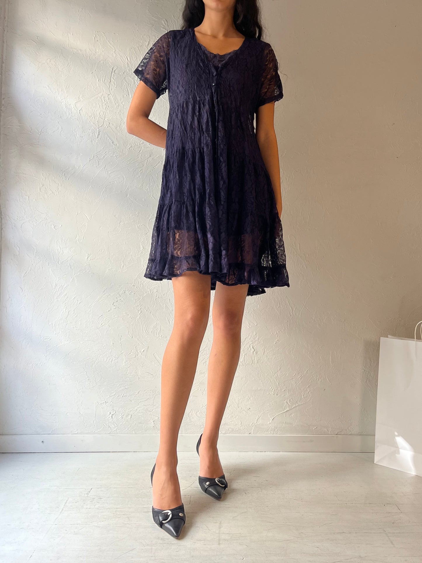 90s 'American Angel' Navy Blue Lace Mini Dress / Small