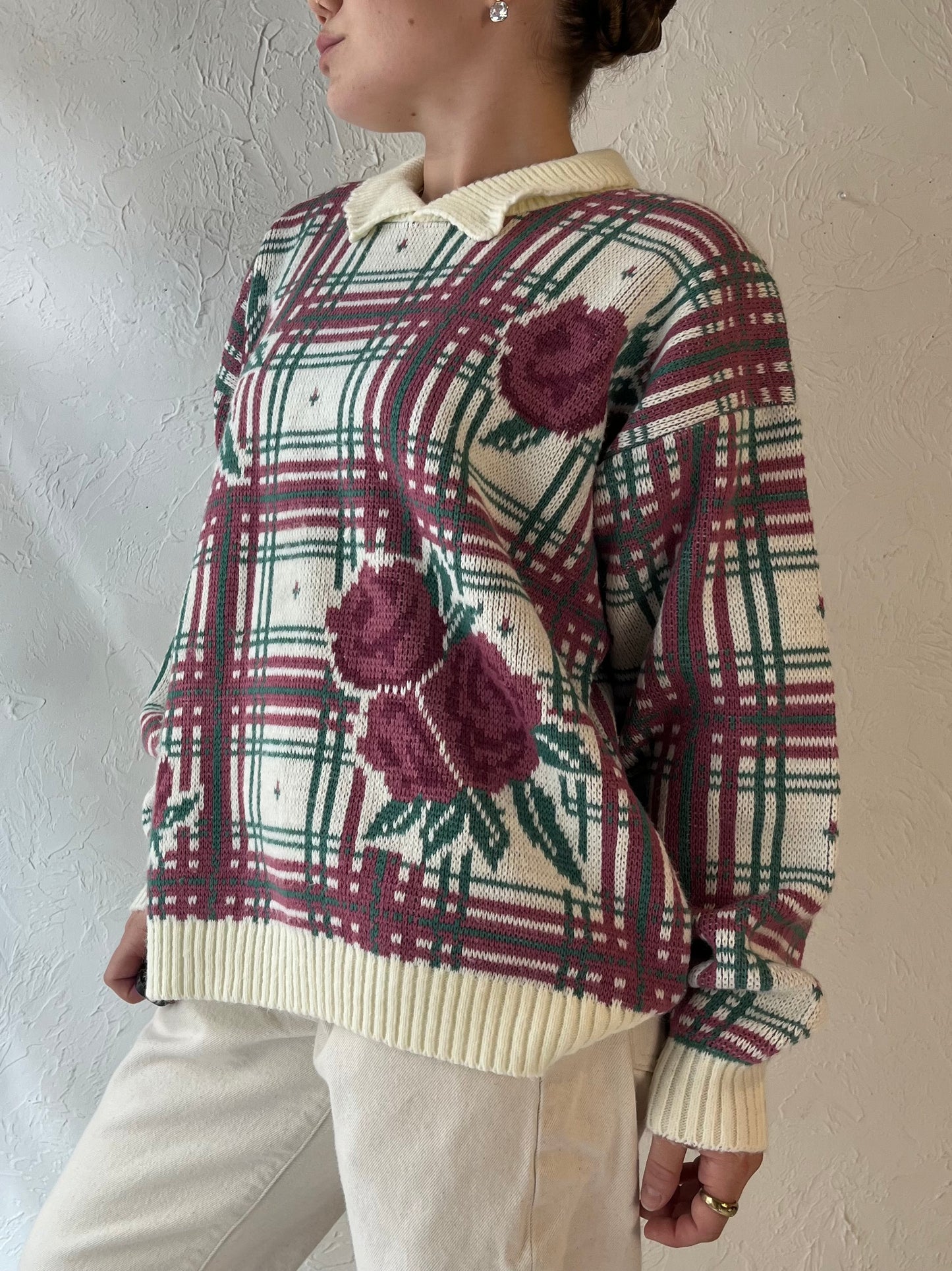 90s 'Cricket Lane' Floral Acrylic Knit Sweater / Medium