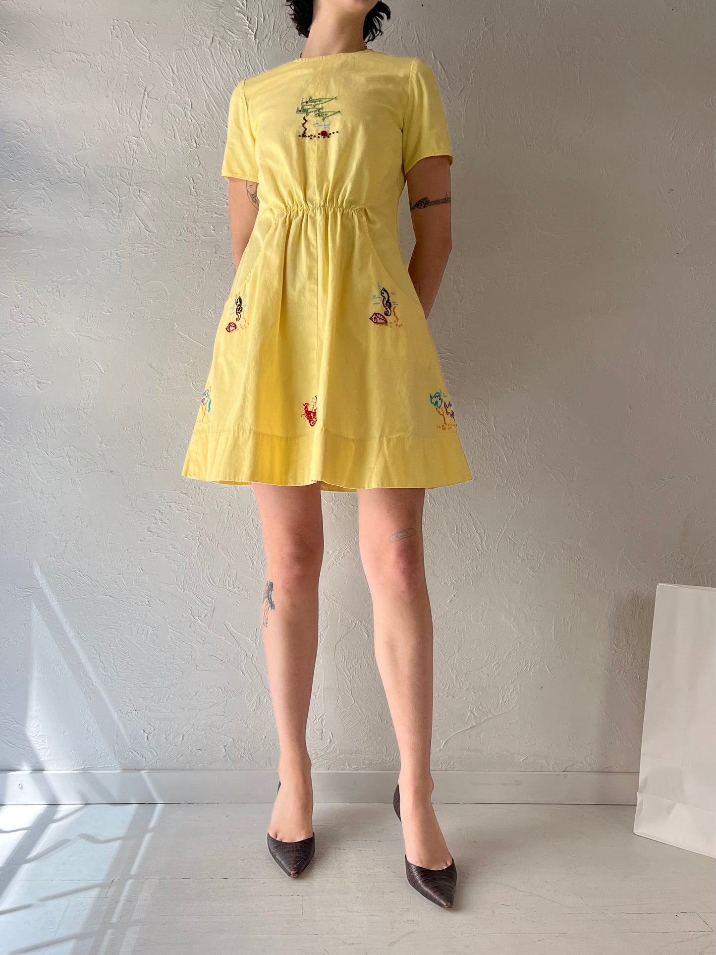 Vintage Handmade Yellow Embroidered Mini Dress / Small