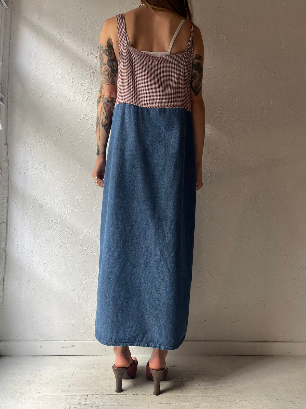 Y2k 'Teddi' Denim Gingham Pinafore Cottagecore Country Patchwork Summer Dress / Medium