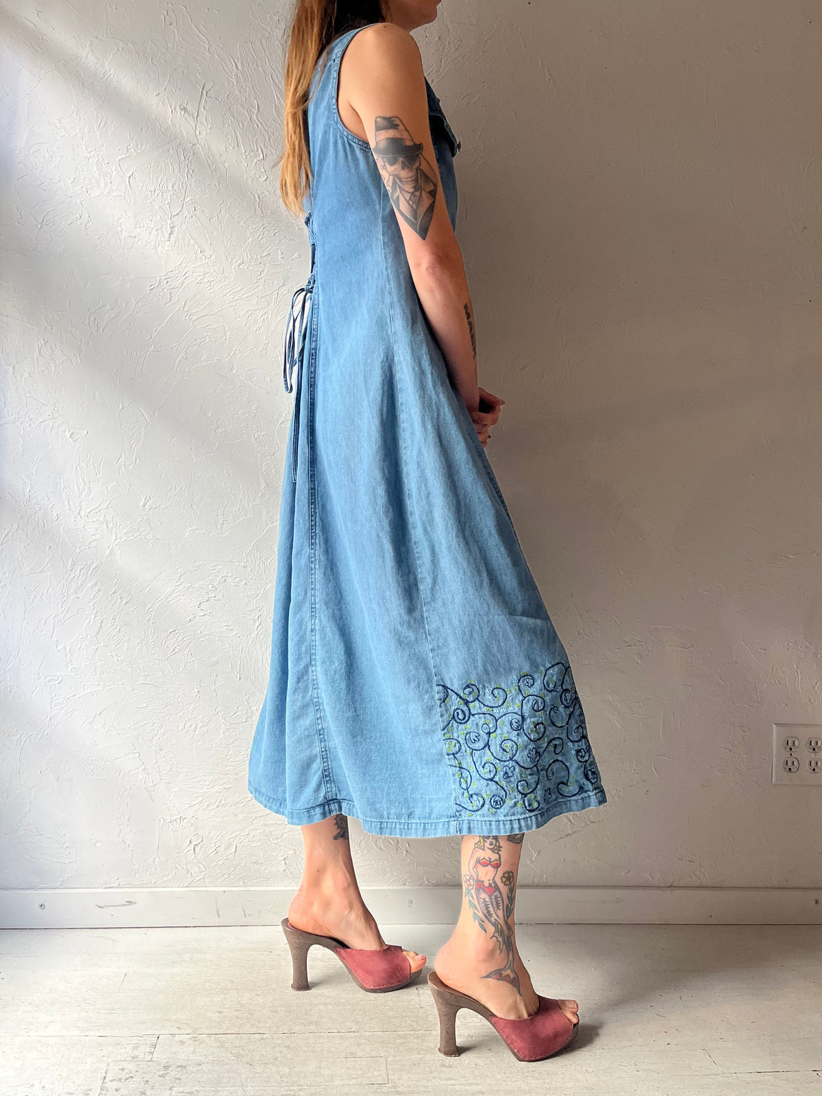 Y2k ' Parables' Denim Embroidered Western Cottagecore Button Up Maxi Dress / Medium