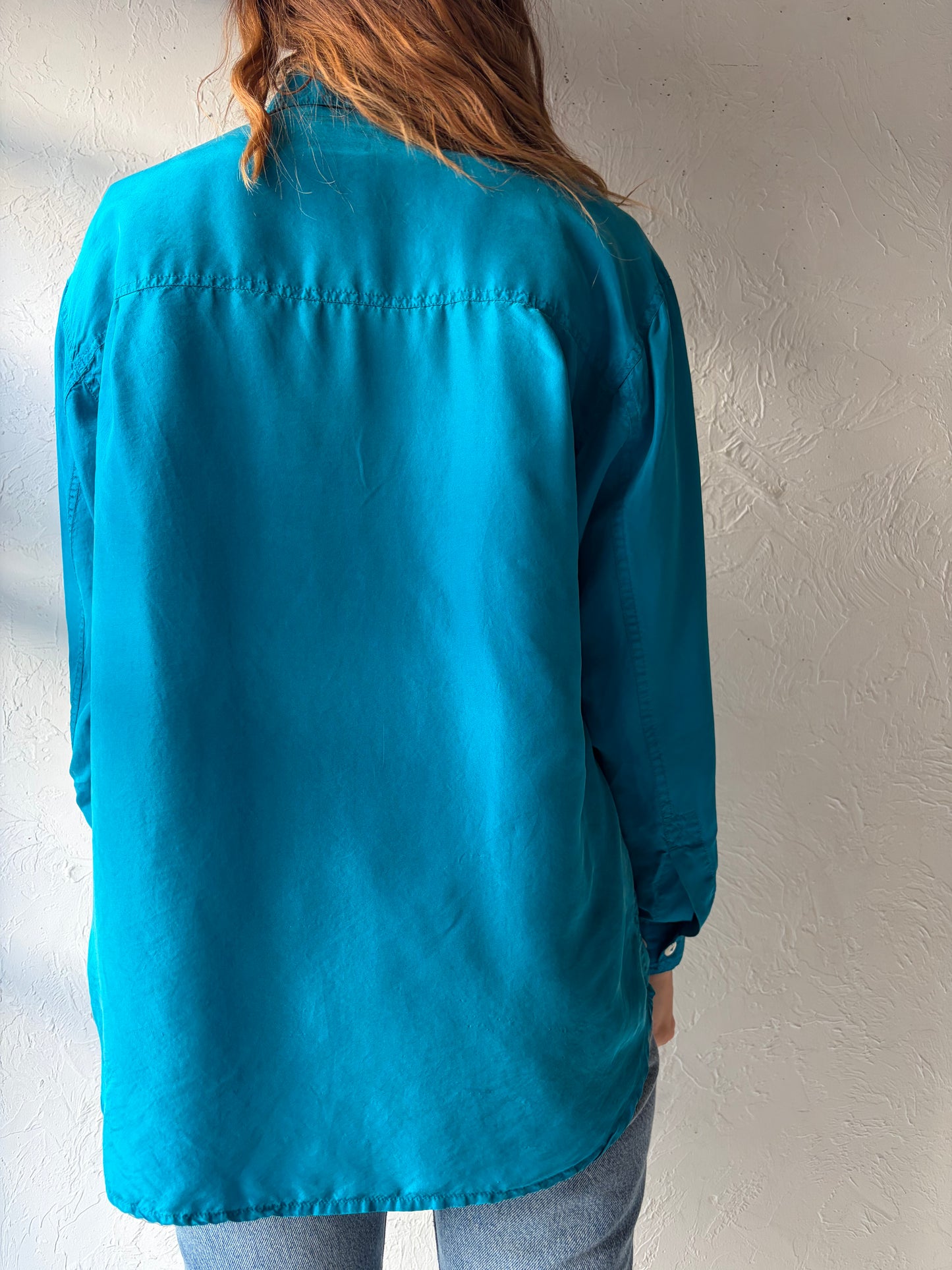 90s 'Liz Wear' Blue Silk Shirt / Small