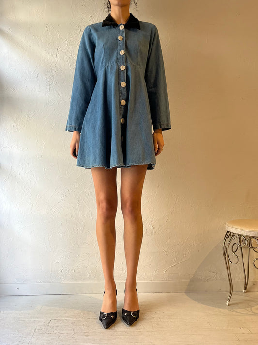 90s 'Mambo' Collared Denim Mini Dress / Medium