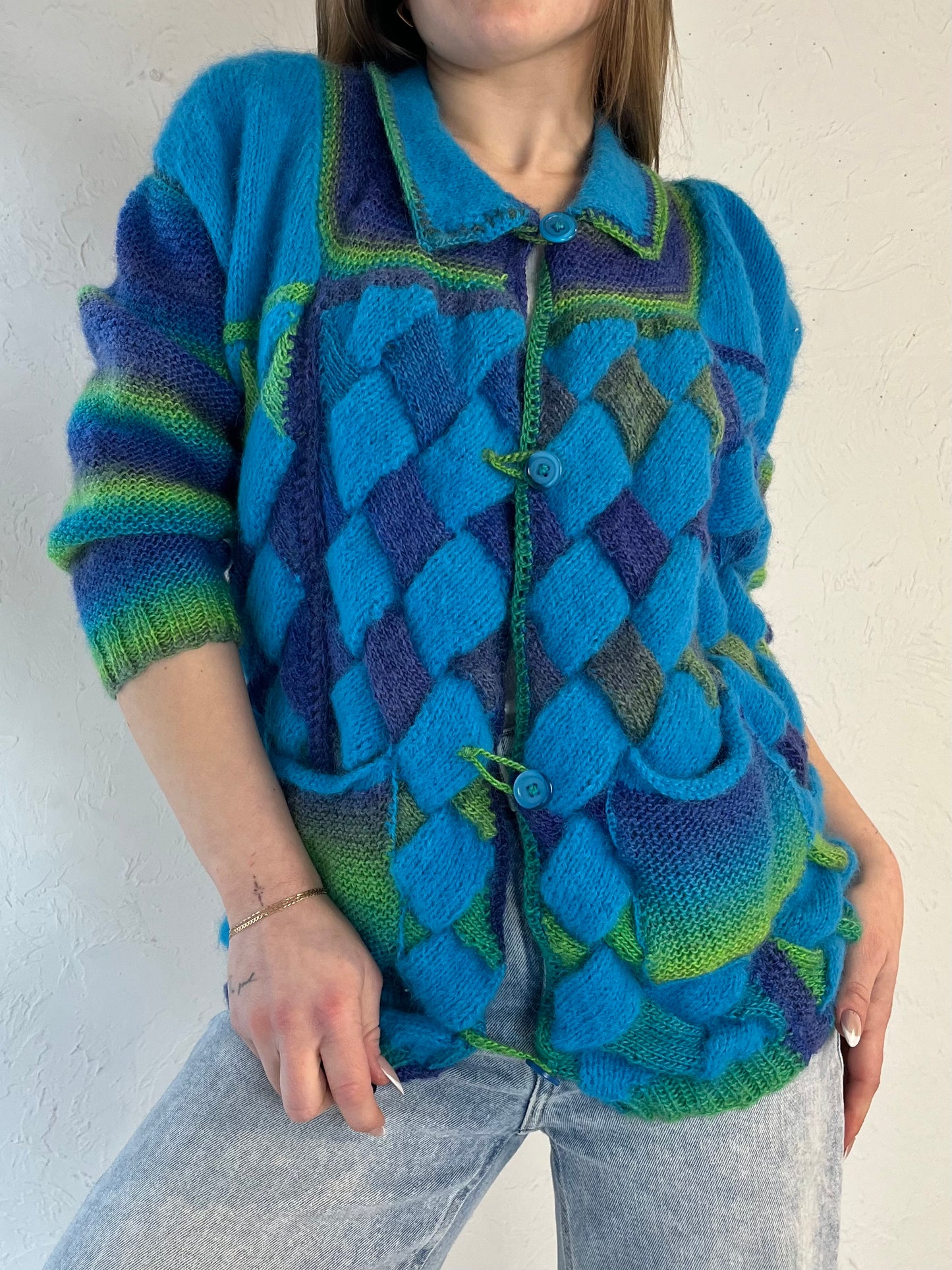 Vintage Hand Knit Blue Cardigan Sweater / Small