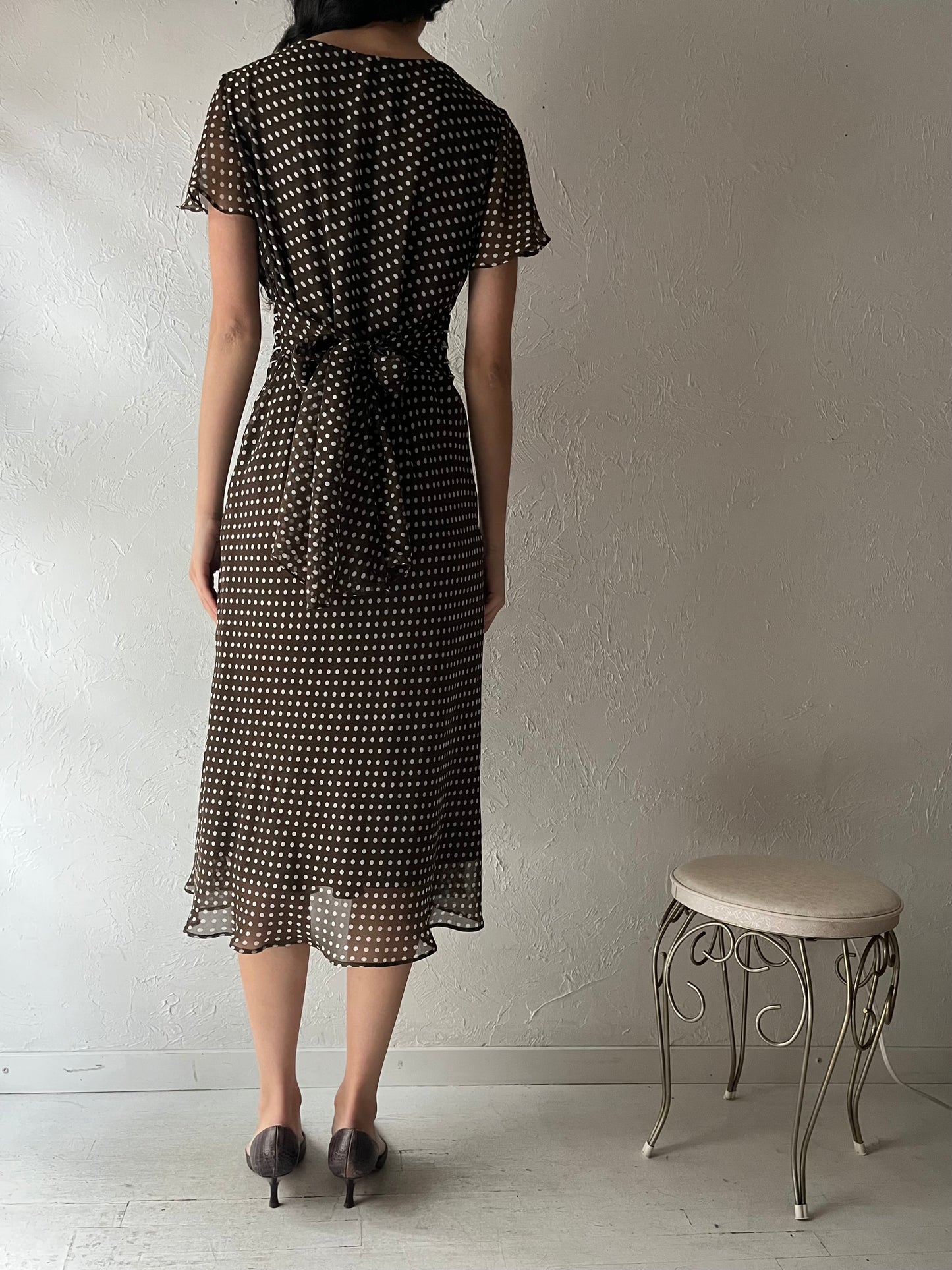 90s 'Karin Stevens' Brown Polka Dot Midi Dress / Medium