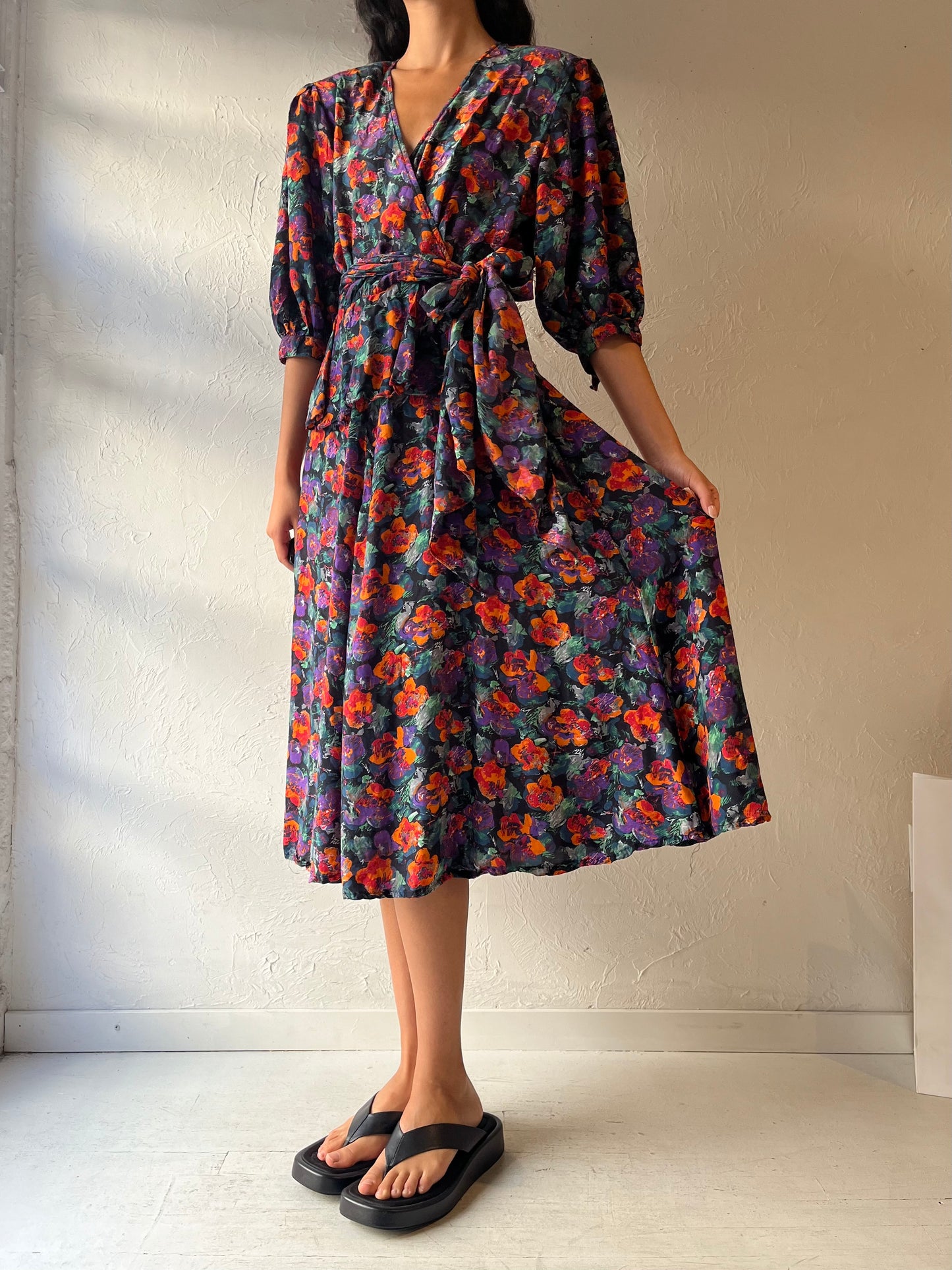 80s 'Jaegar' Floral Print Midi Dress / Small