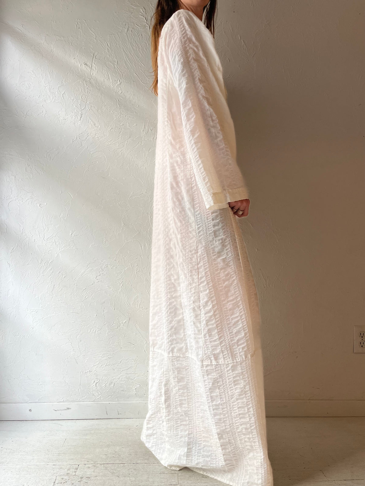 90s 'Lane Bryant' Cream Floral Embroidered Cottagecore Folk Festival Maxi Dress Vintage Bell Sleeve Boho Caftan / Medium