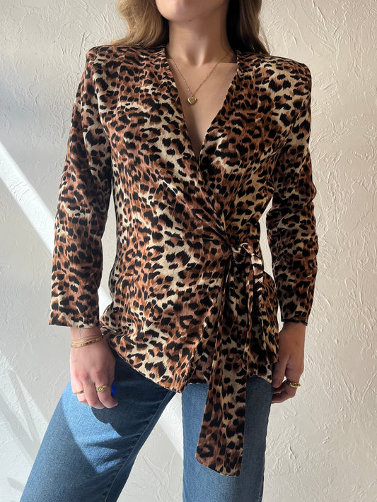 80s 'Honey Fashions' Leopard Print Wrap Top / Large