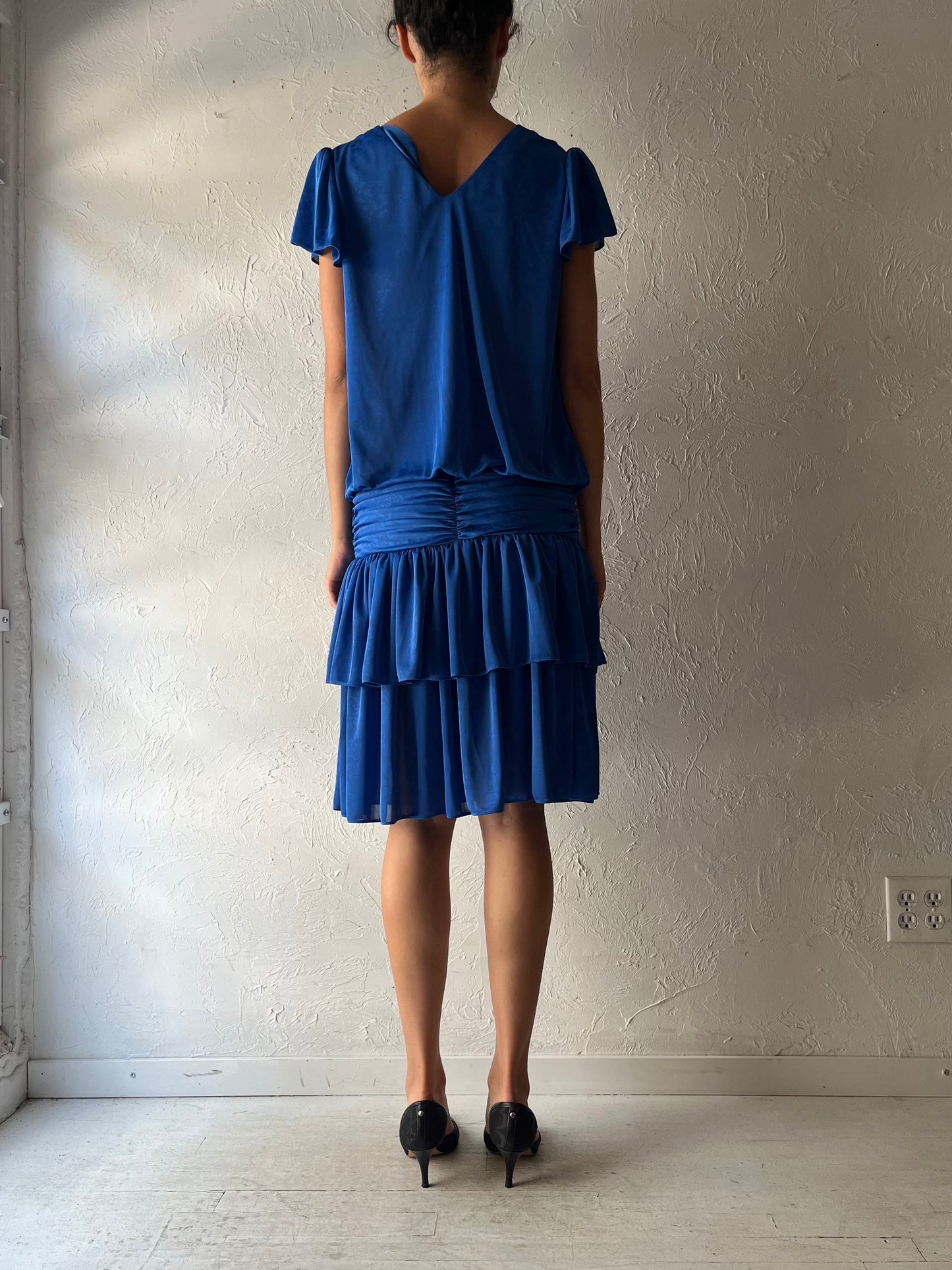80s 'Mandy Designs' Blue Floral Retro Normcore Midi Party Dress / Medium
