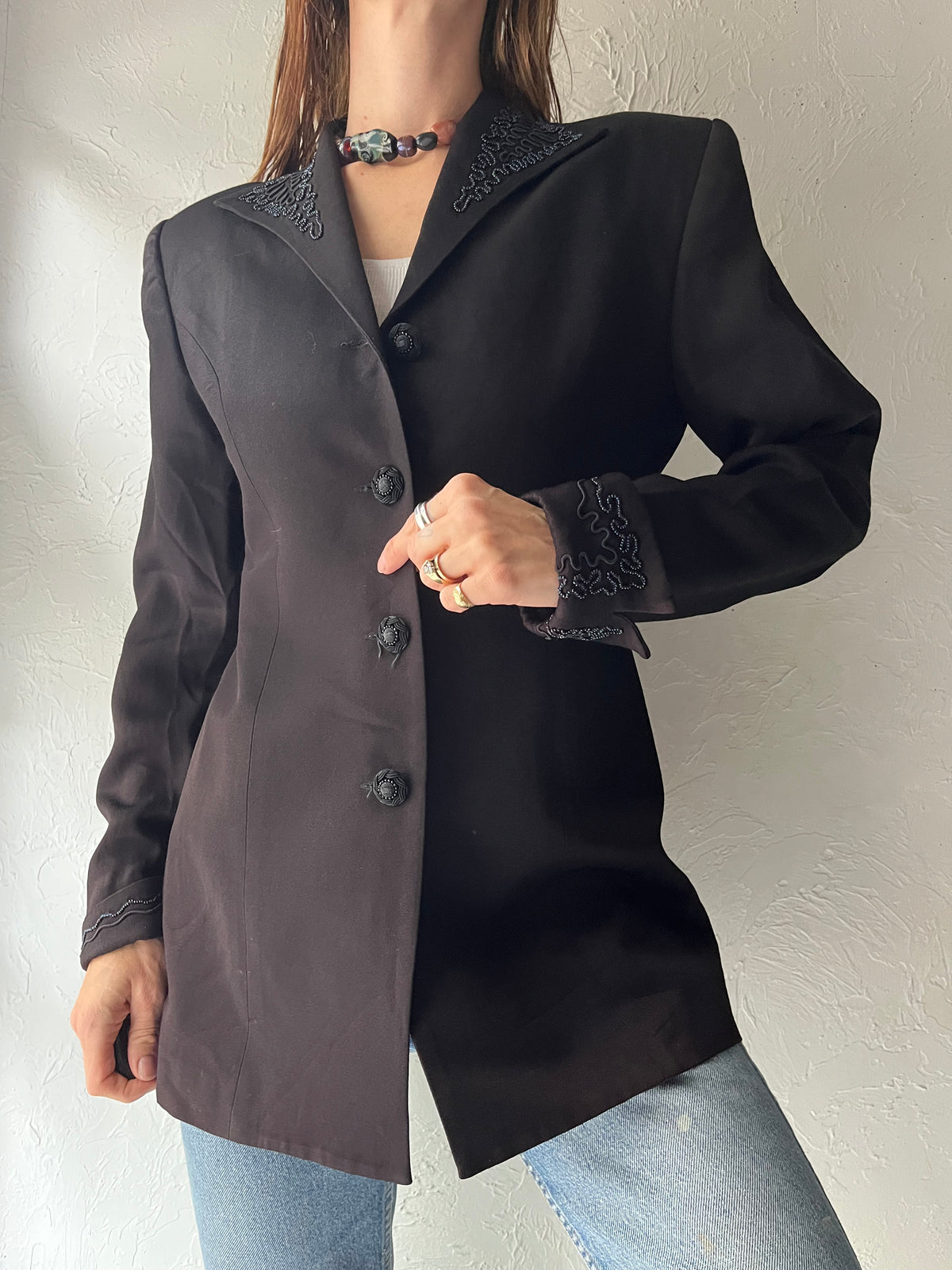 80s ‘Sooooo Crazy by Rina Rossi’ Black Embroidered Longline Blazer Gothic Formal Jacket / Medium