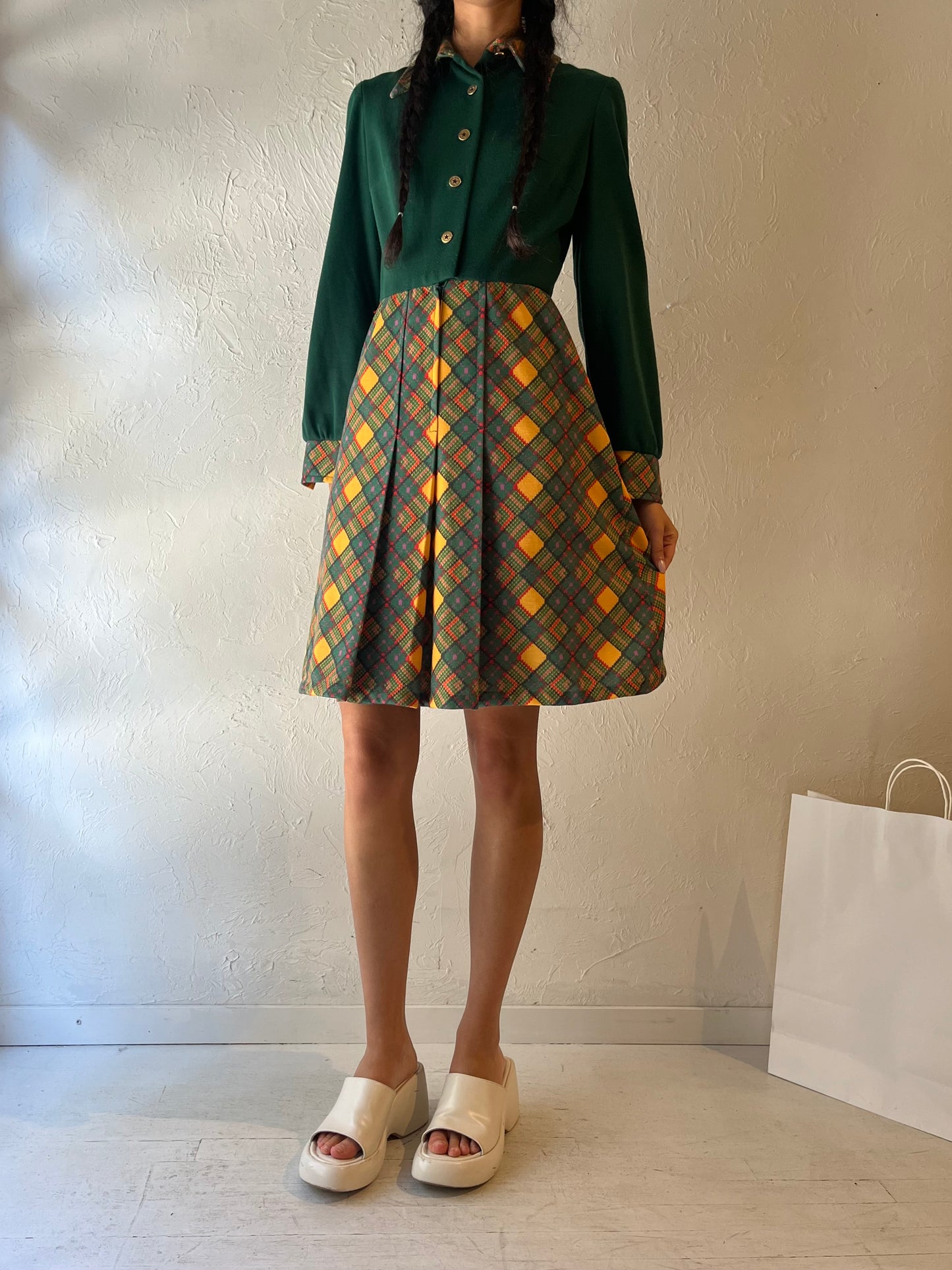 70s 'Pacemaker' Green Long Sleeve Knit Dress / Union Made / Small