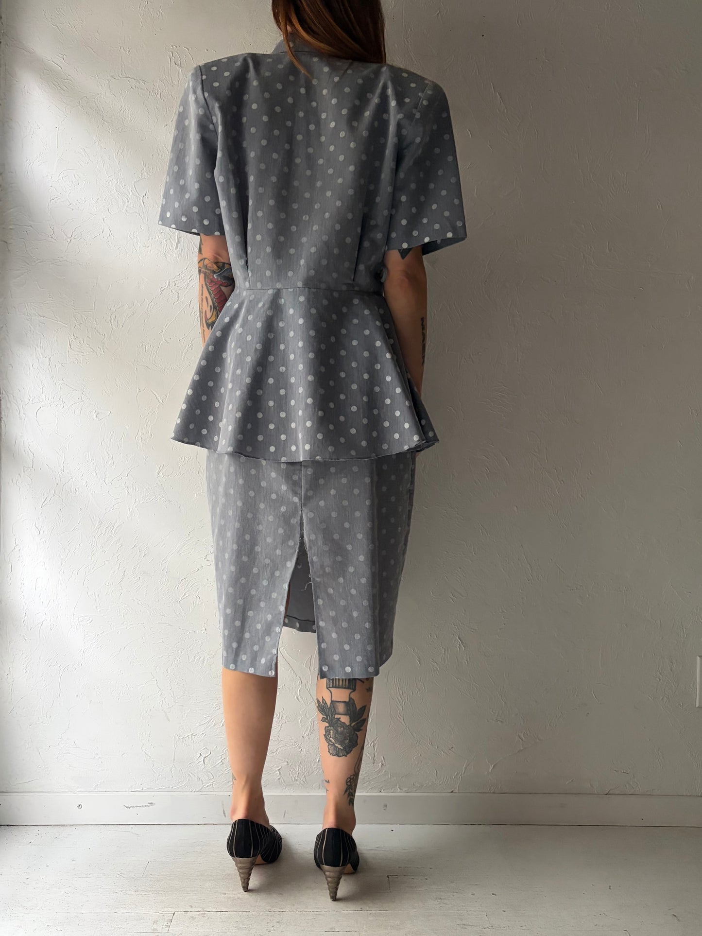 80s 'Just D' Vintage Retro Gray Polka Dot Peplum Dress /