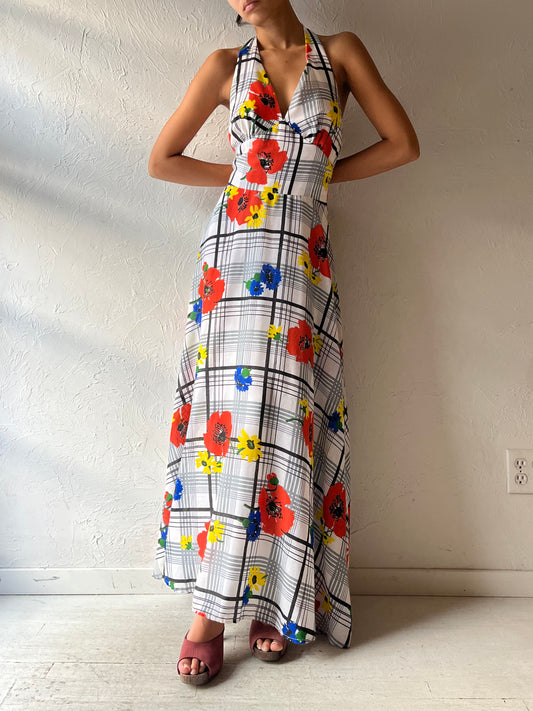 70s Vintage Floral Plaid Romantic Cottagecore Garden Party Maxi Halter Dress / Small
