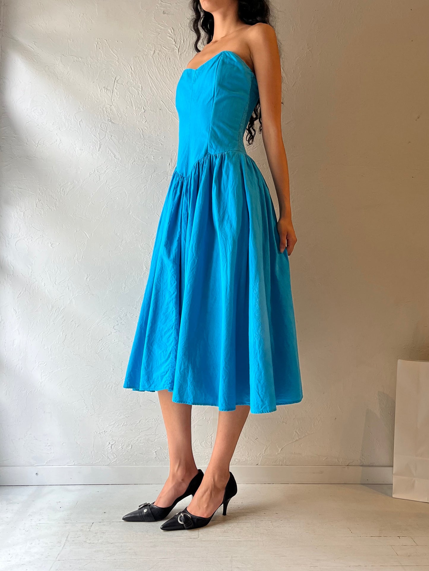 90s ‘Nordstrom’ Blue Strapless Dress / Medium