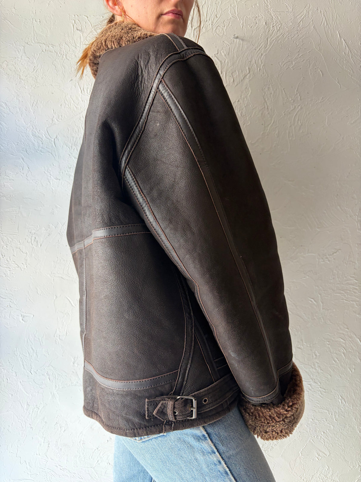 Y2k 'Danier' Brown Leather Shearing Lined Winter Jacket / Medium