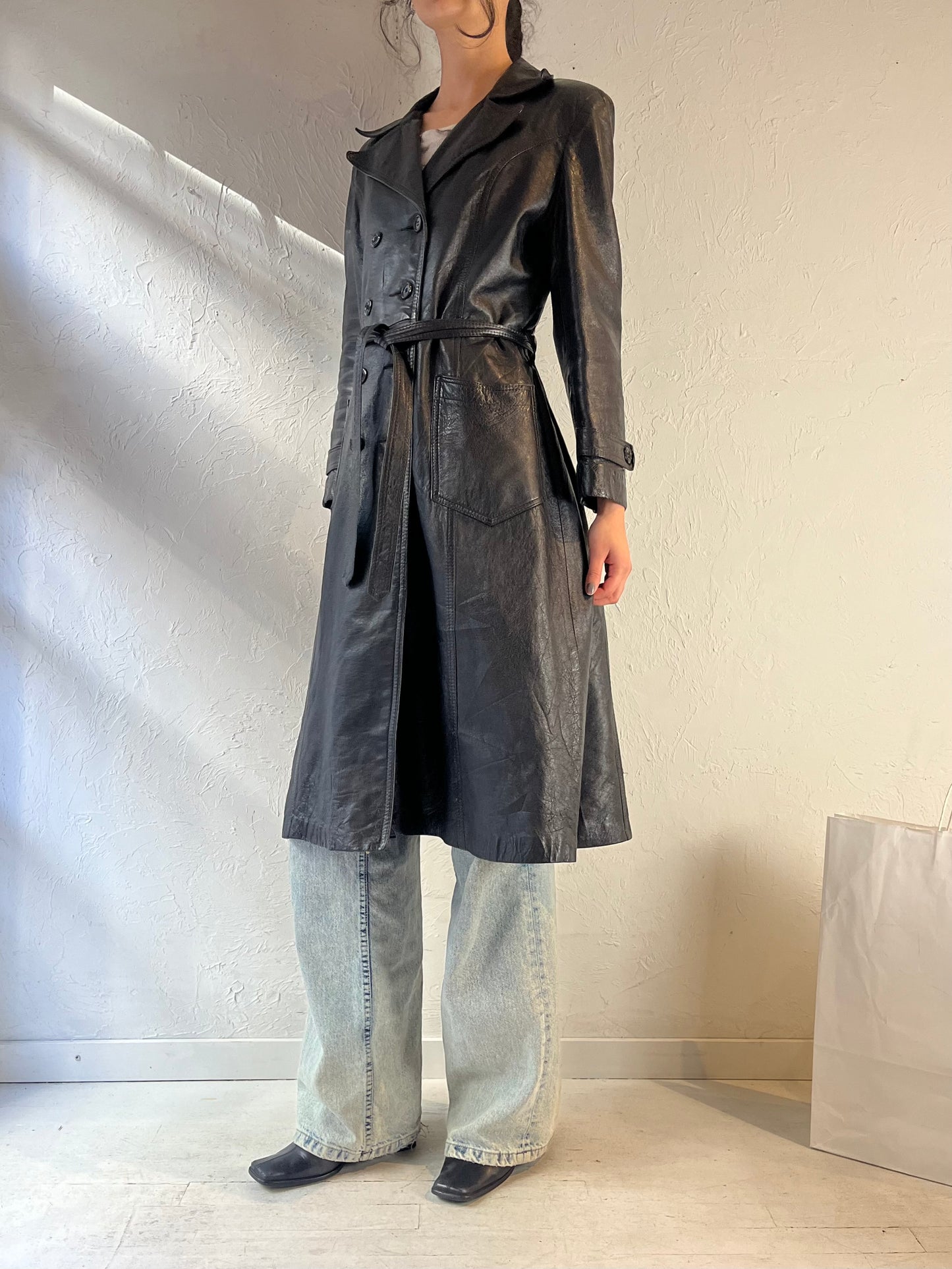 Vintage Black Leather Trench Coat / Small