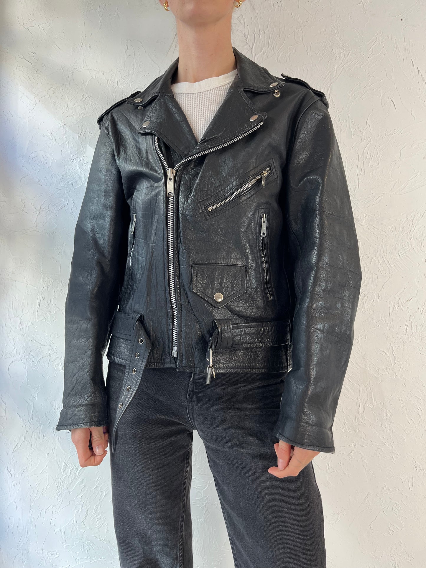 90s 'Hudson Leather' Black Moto Jacket / Medium