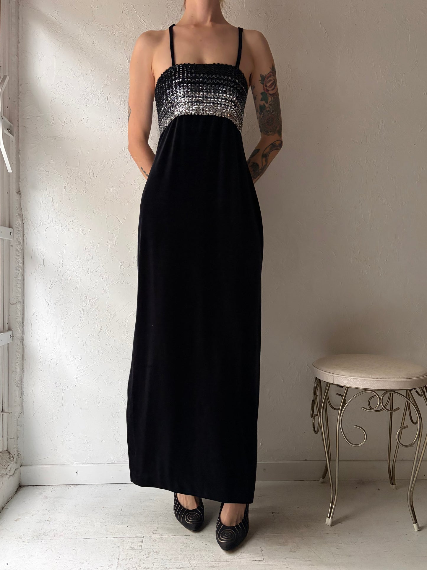 90s 'Lori Ann' Black Sequin Velvet Formal Dress / Small - Medium