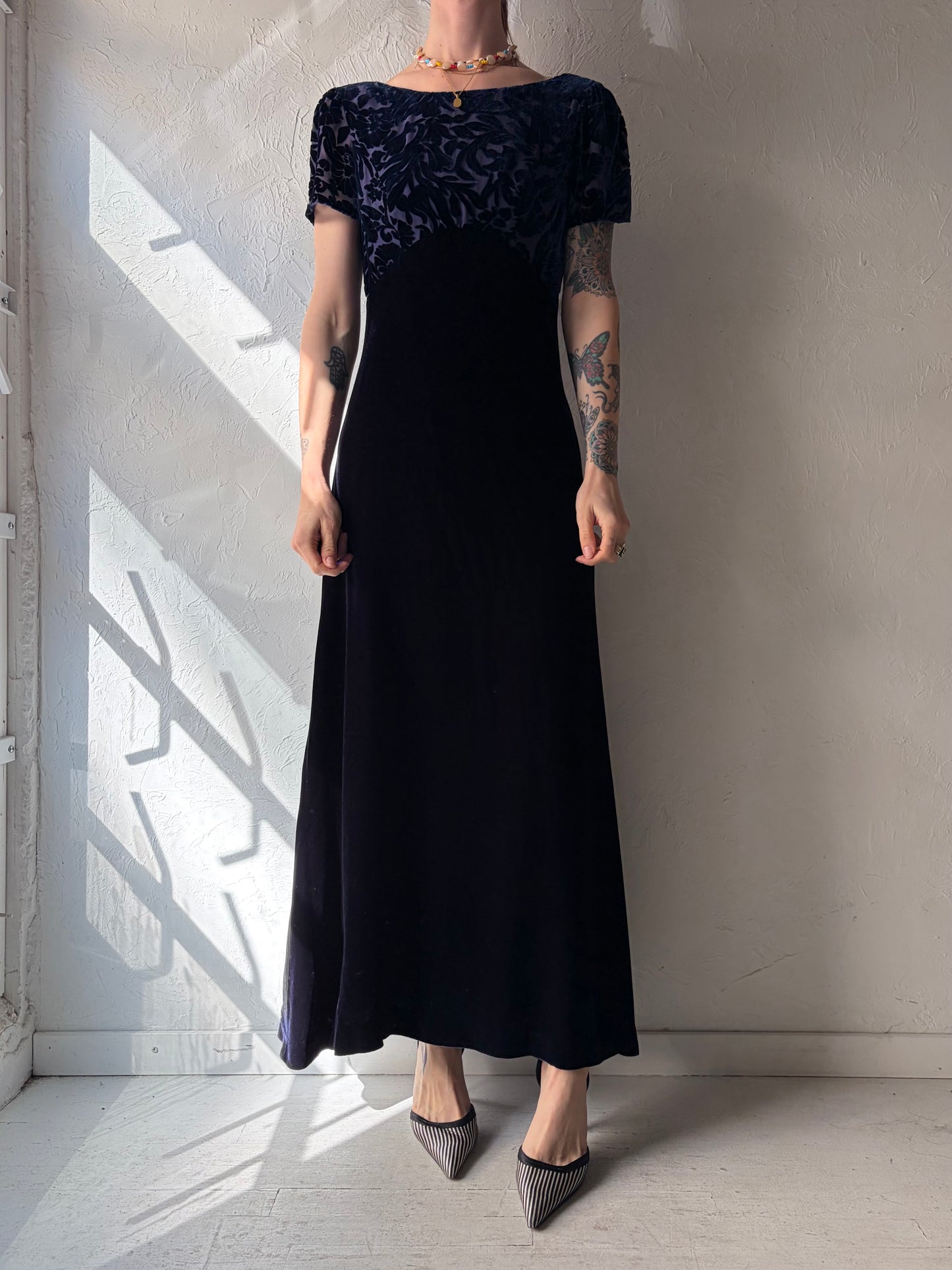 90s Purple Burnt Velvet Maxi Dress / Small