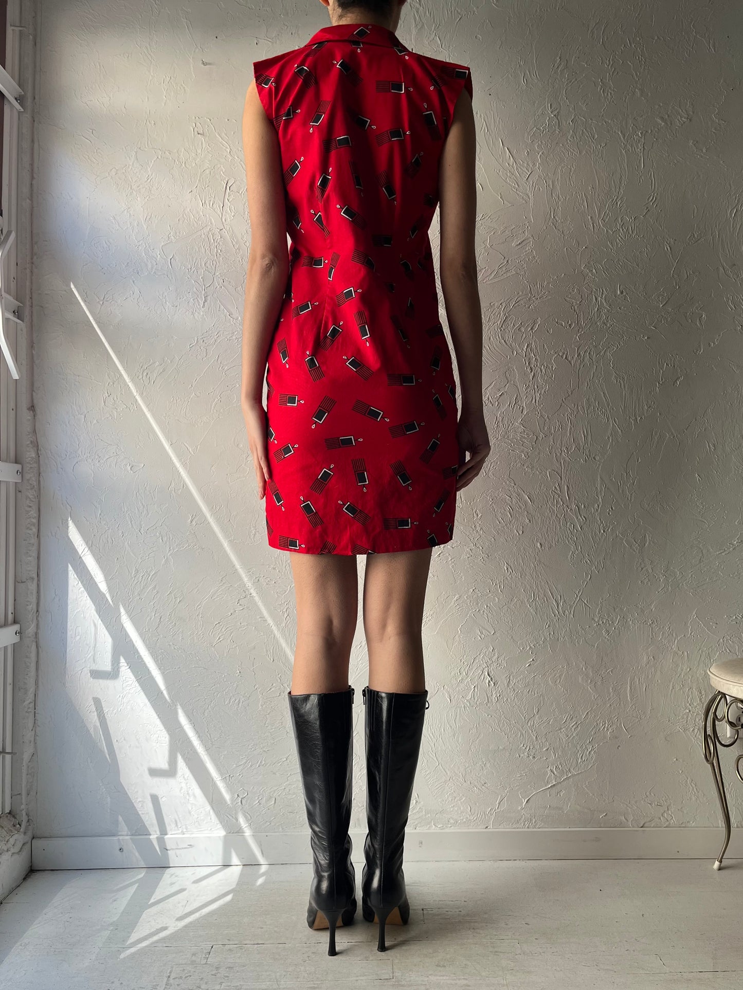 80s Red Patterned Collared Western Button Up Mini Dress / Small