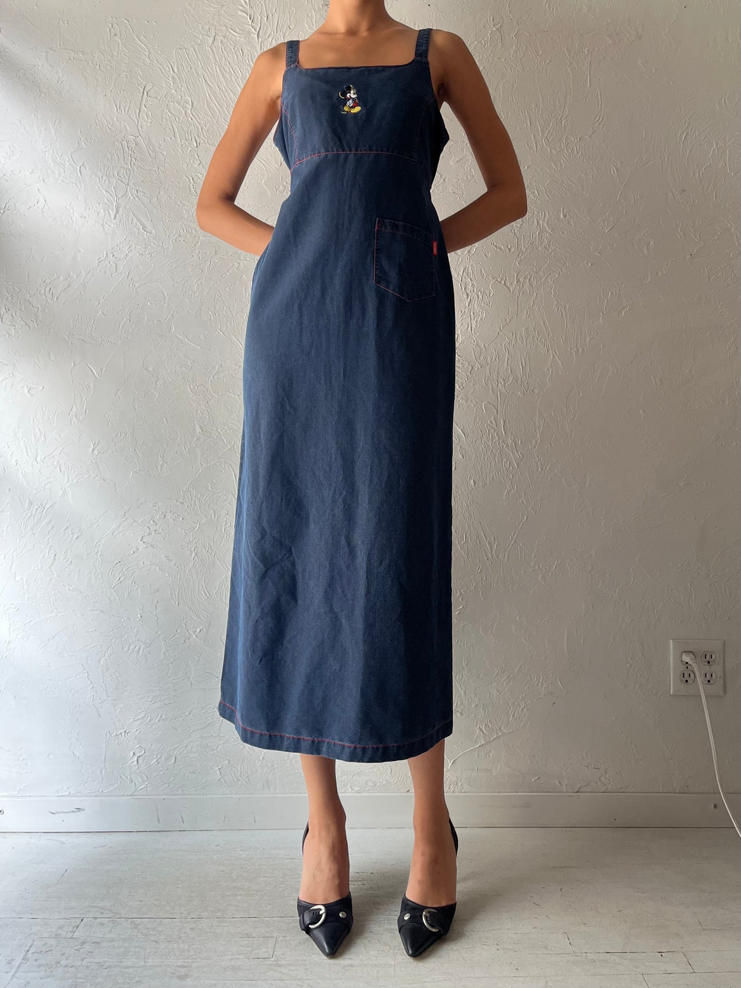 Y2k 'Mickey Mouse' Embroidered Denim Maxi Dress / Medium