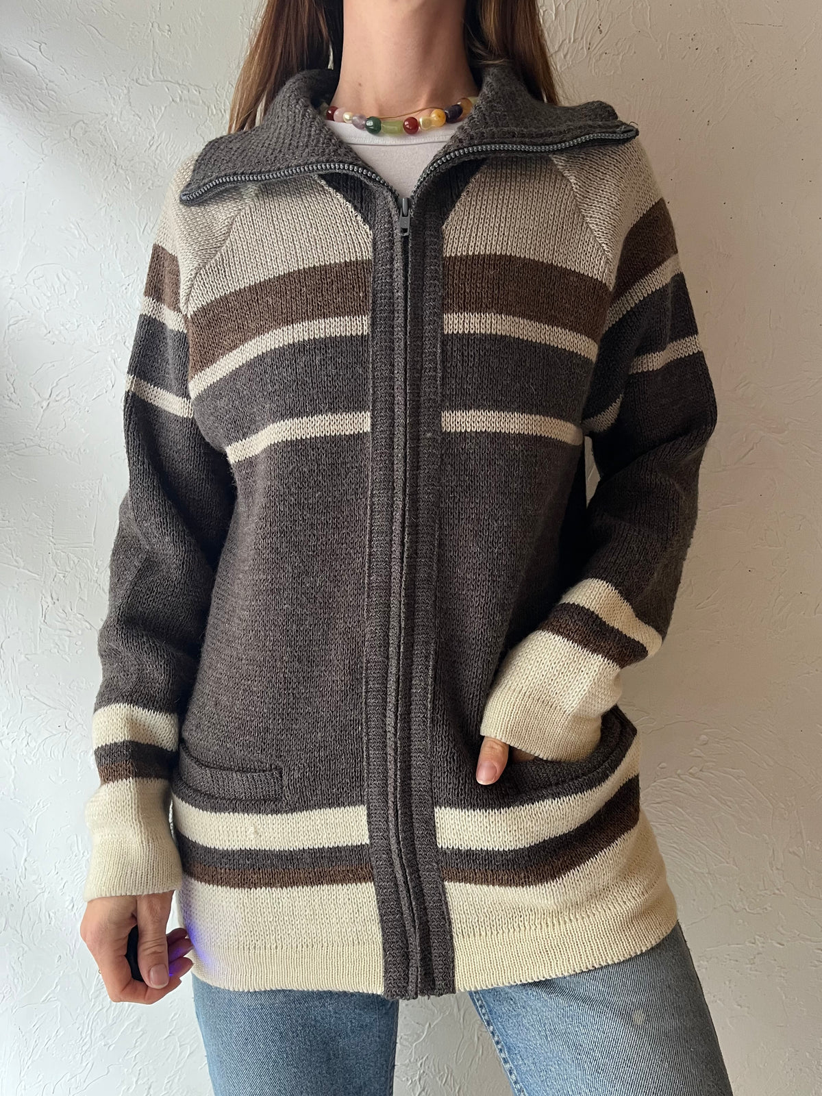 80s 'Vintage ‘White Ram’ Striped Zip-Up Cardigan Preppy Academia Knit Sweater / Large