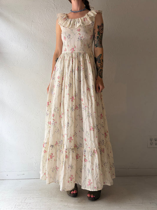 Vintage Cream Floral Peasant Dress / Small