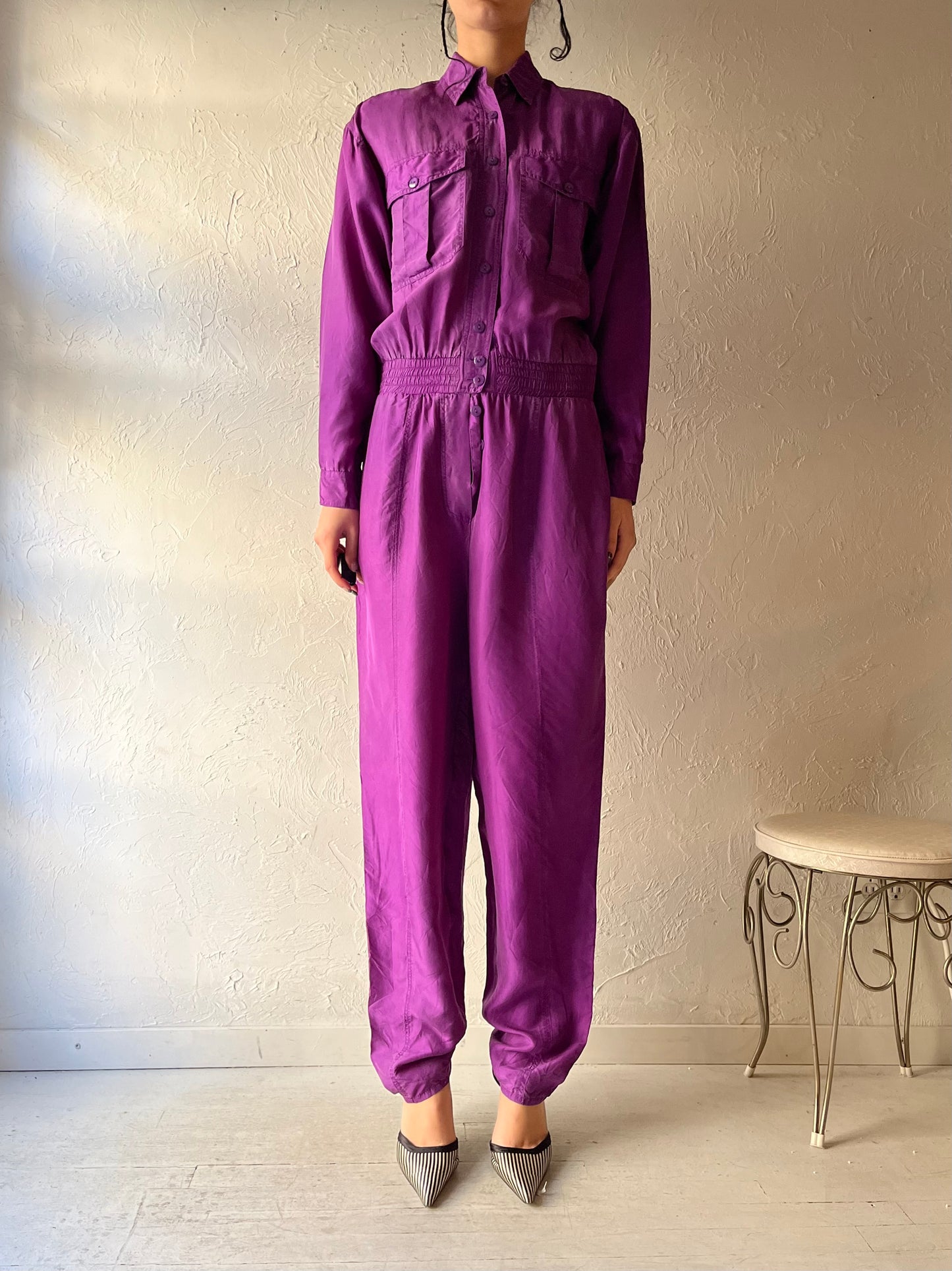 90s 'Gino Bessilini' Purple Silk Jumpsuit / Small