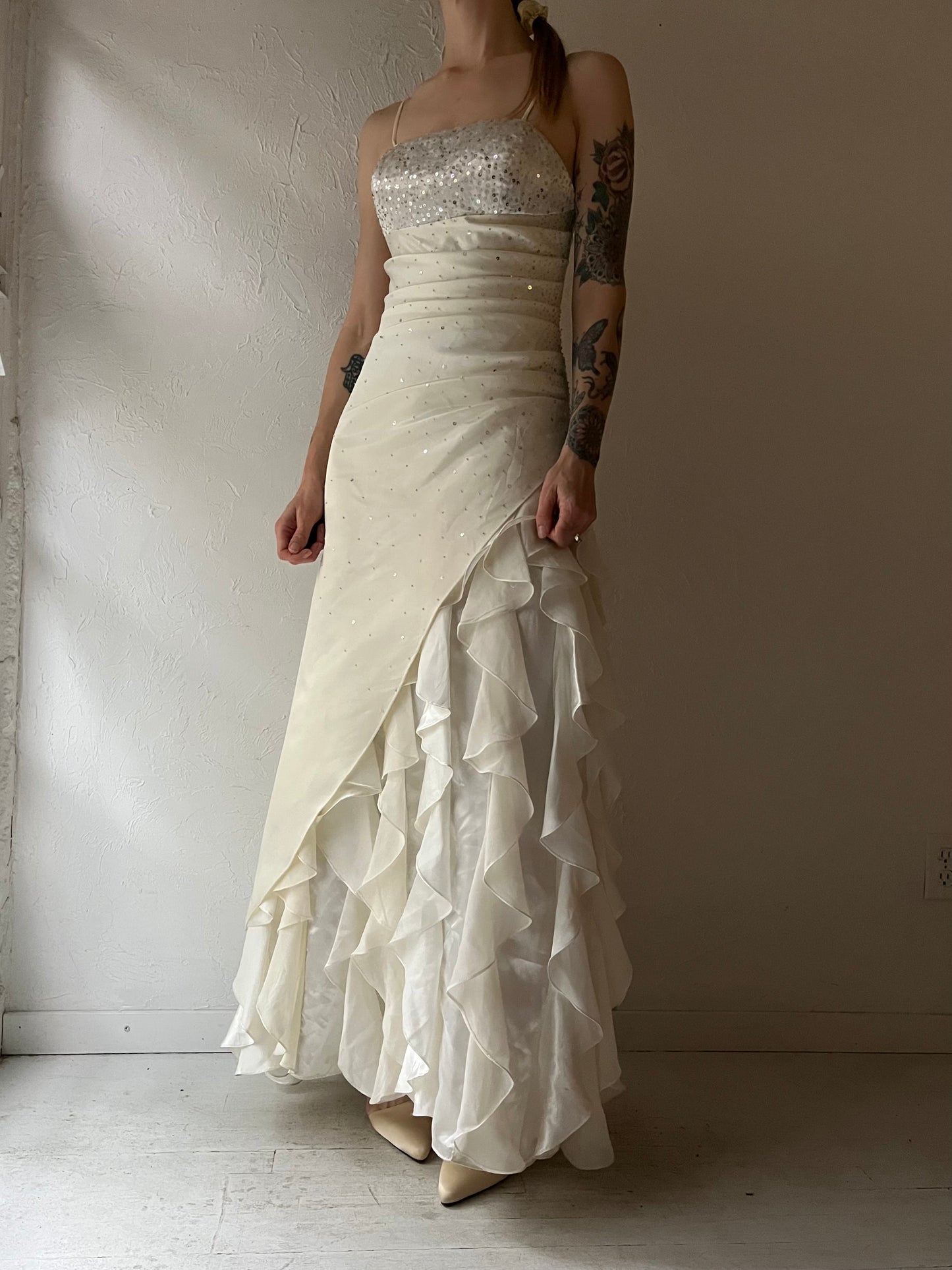 90s 'Jump' White Sequin Formal Dress / Small