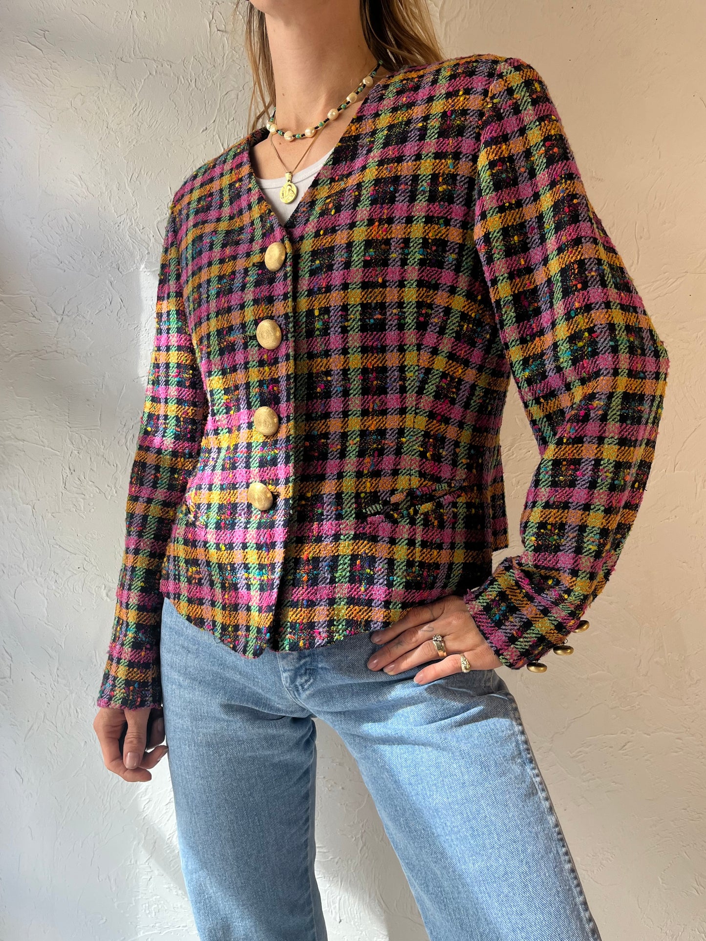 90s 'Studio J' Rainbow Tweed Jacket / Medium