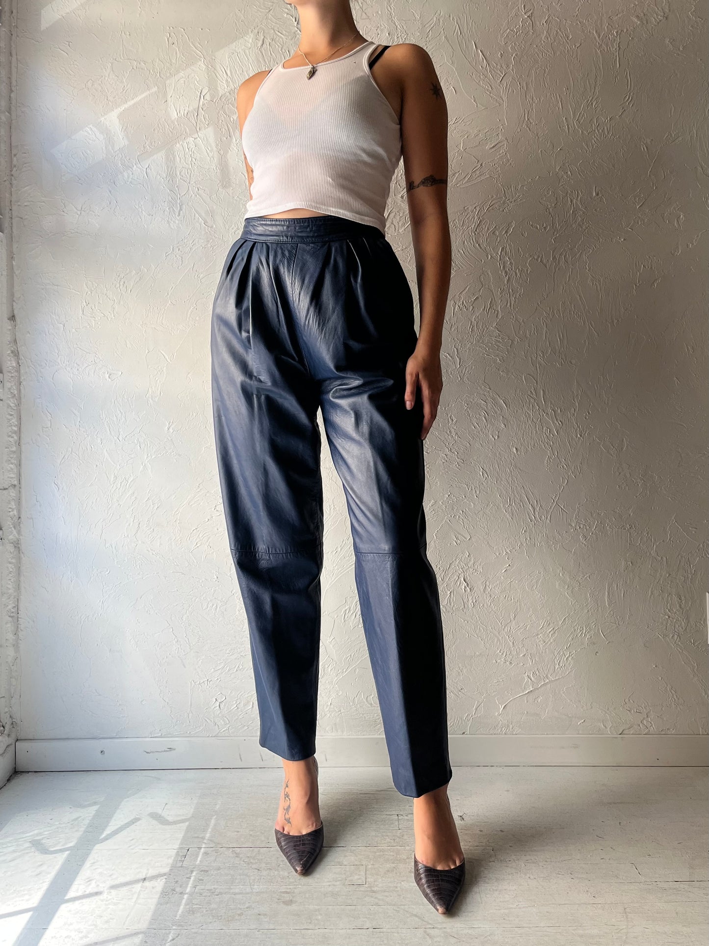 80s 'Marquis' Retro Blue Hight Waisted Leather Trouser Pants / Small