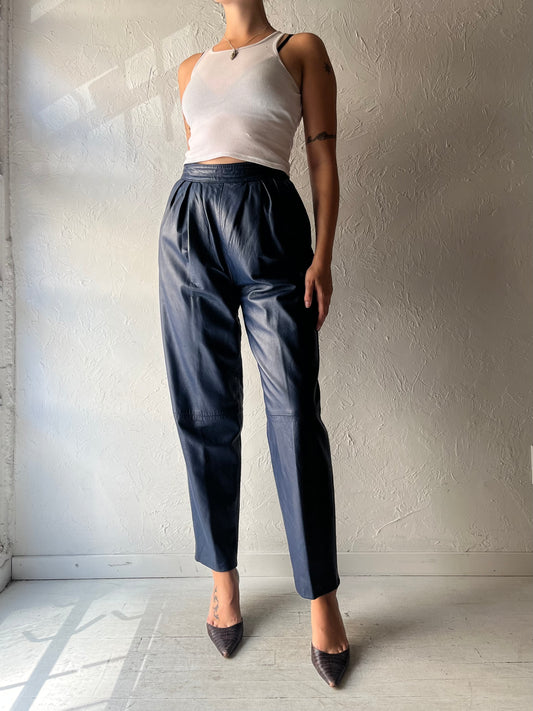 80s 'Marquis' Retro Blue Hight Waisted Leather Trouser Pants / Small