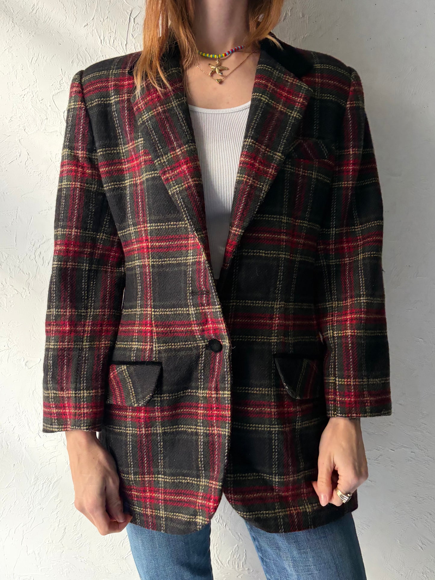 80s 'Signature' Plaid Wool Blazer Jacket / Medium